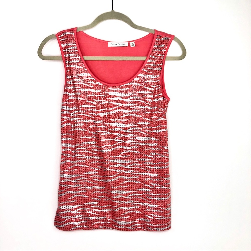 Susan Bristol Sequined Orange Coral Stretch Tank